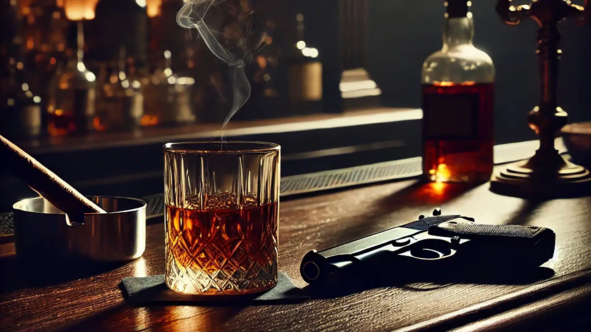 Wine, Whiskey, and War Stories Smokey bar with whiskey, pistol, and cigar